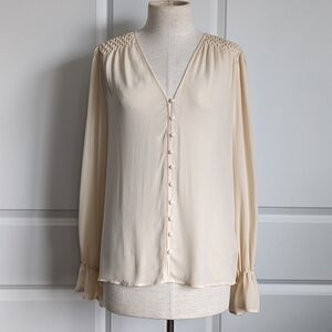 PAIGE Blouse Deluca 100% Silk V-Neck Button Front Long Poet Sleeves Ecru M NWT